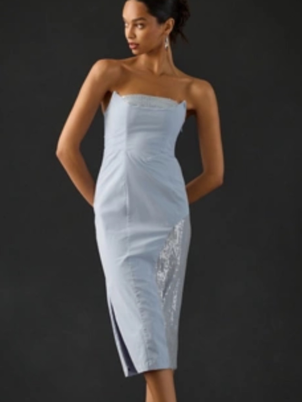 Anthropologie Strapless Powder Blue Midi Dress with Sequin Side